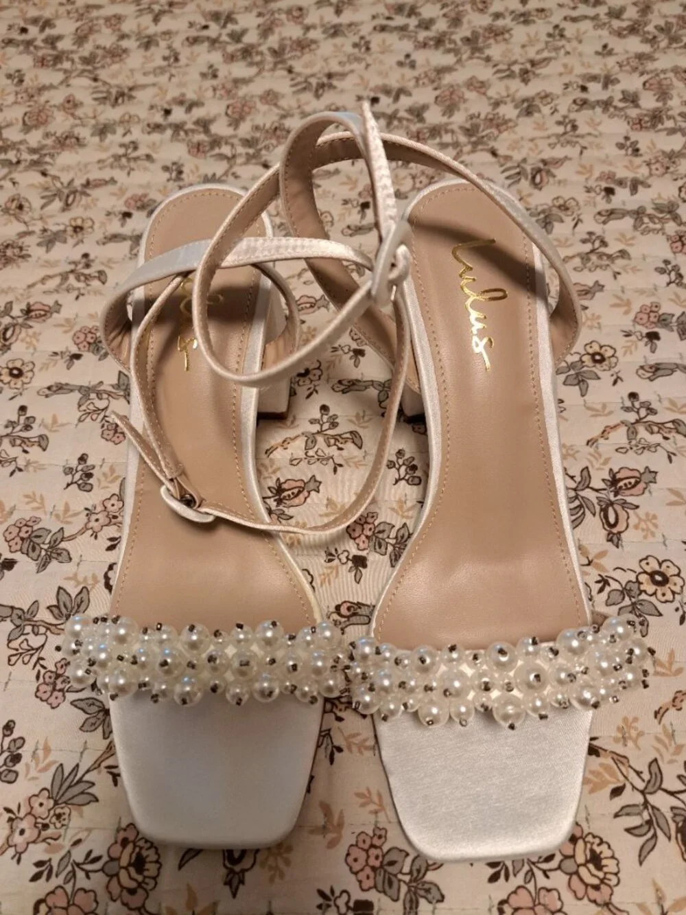 Beatta White Satin Pearl Ankle Strap High Heel Sandals Sz 8.5